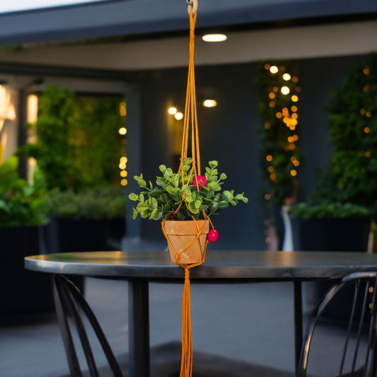 The back patio Mini orange macrame hanger with artificial plant